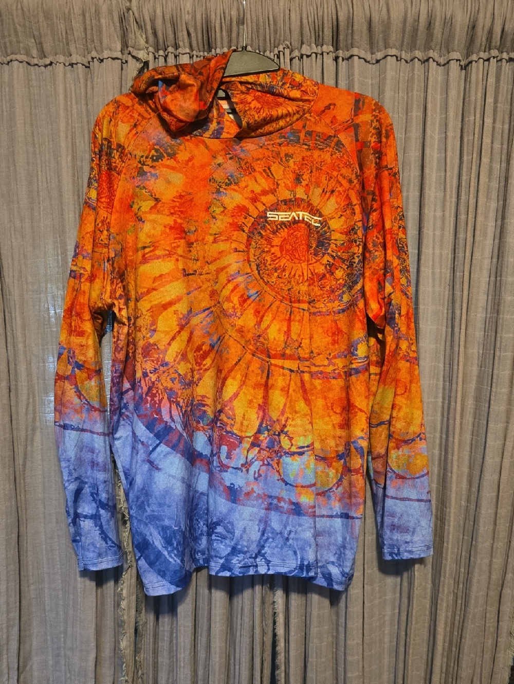 Men's Long Sleeve Hooded Performance Tee - Orange Blue Tie-Dye
